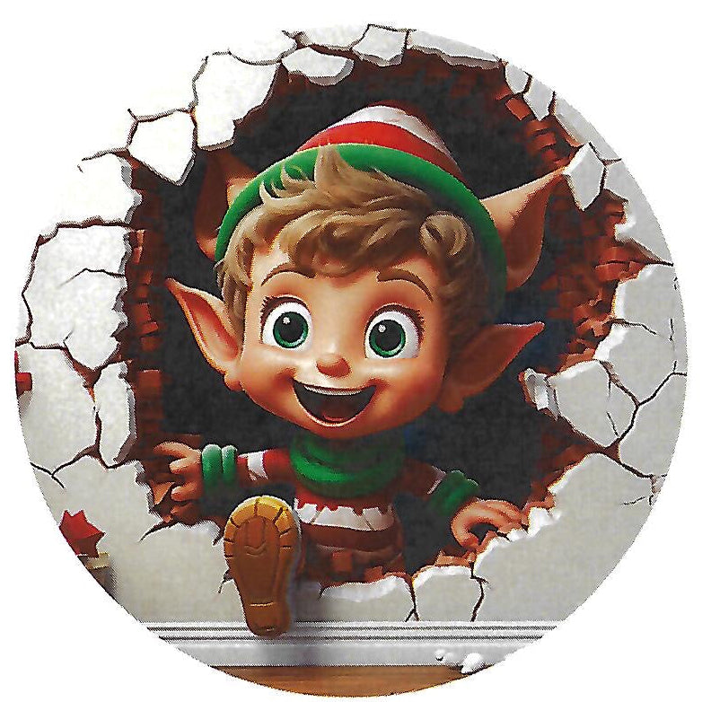 Cartoon elf character peeking through a broken wall