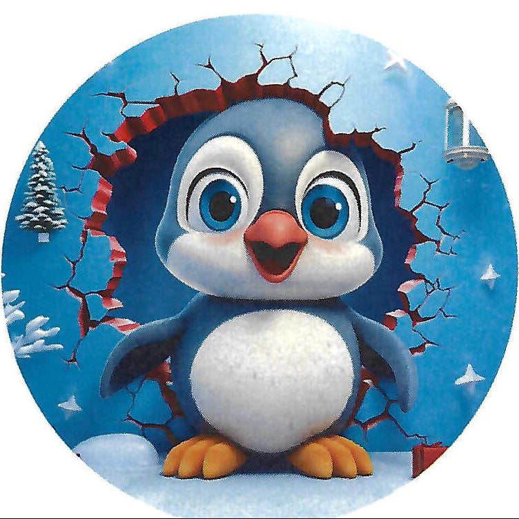 Cartoon penguin breaking through a blue wall with winter scenery
