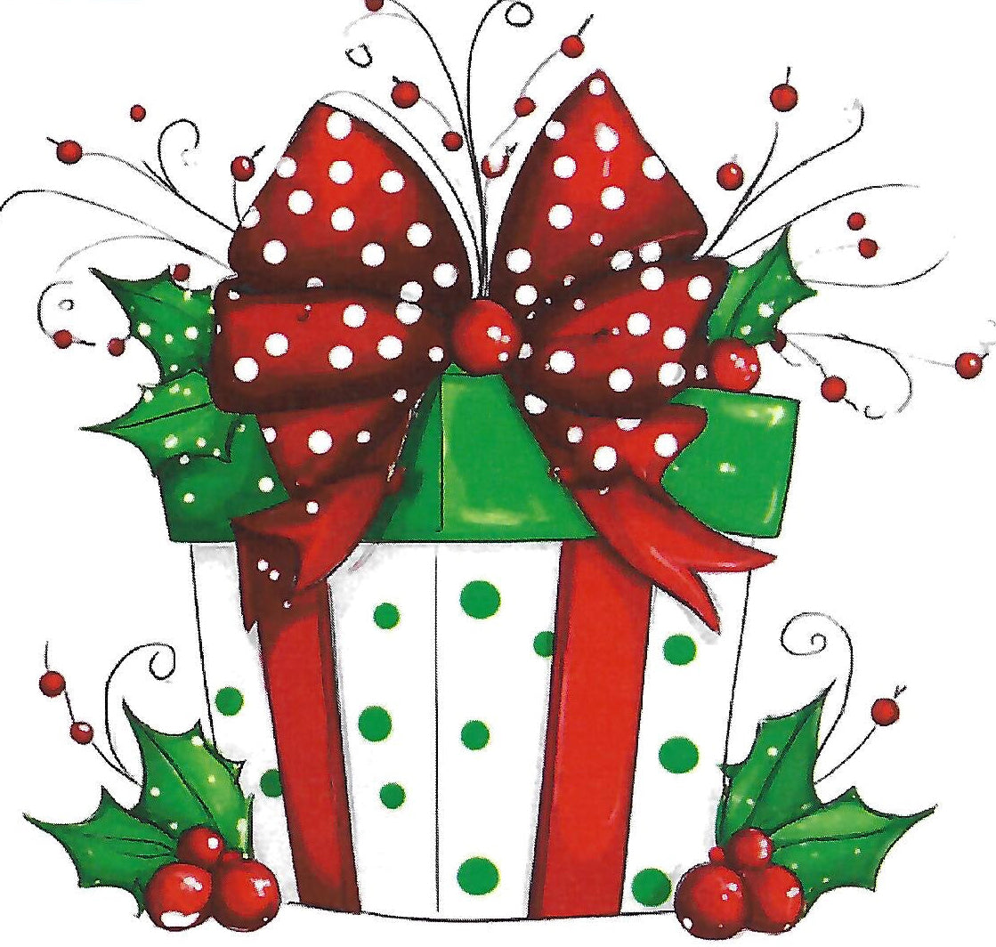 Decorative Christmas gift with red polka dot bow, green holly leaves, and berries on a white background.