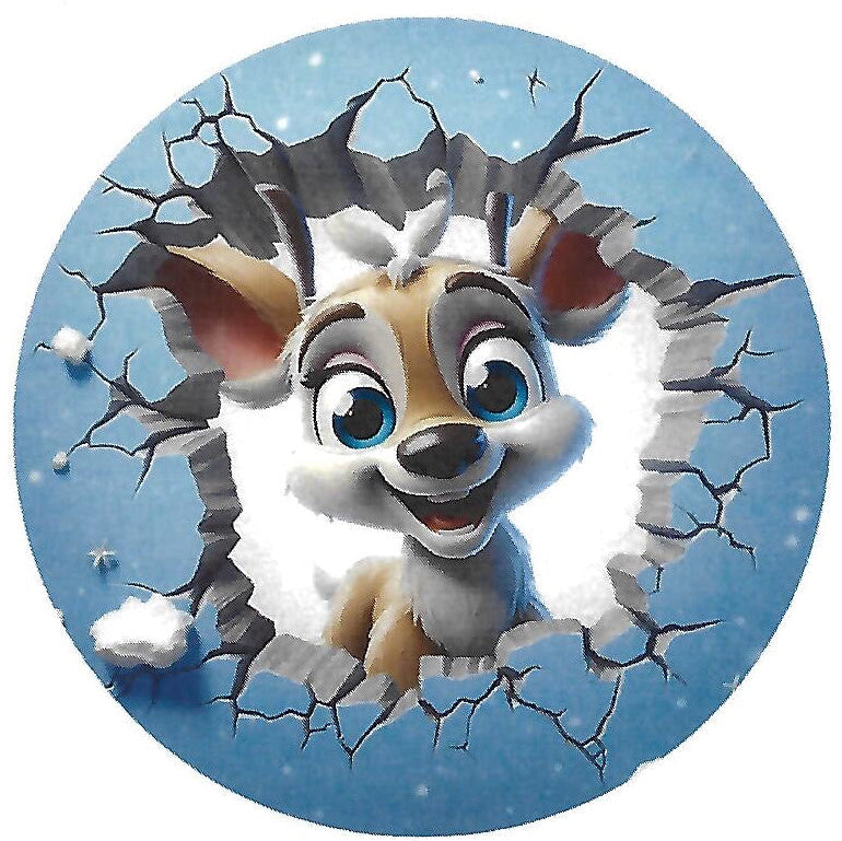 Cartoon character breaking through a blue background with cracks