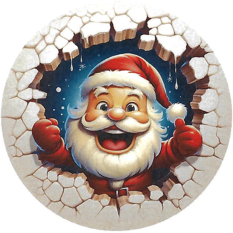 Cartoon Santa Claus peeking through a snowy hole