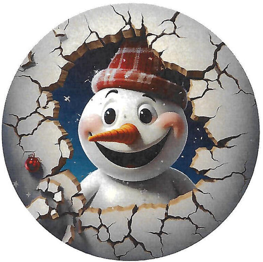 Snowman character with a red hat emerging from a cracked surface