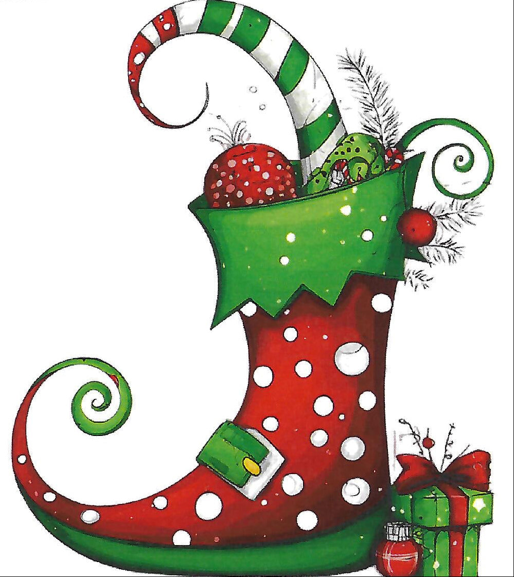 Colorful Christmas stocking with candy, ornaments, and a present on a white background